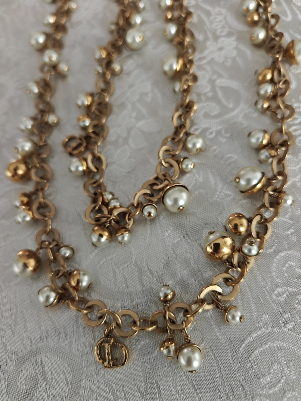 Rare Authentic Dior Long Chain Mise En Dior Necklace With Pearls And CD Charms